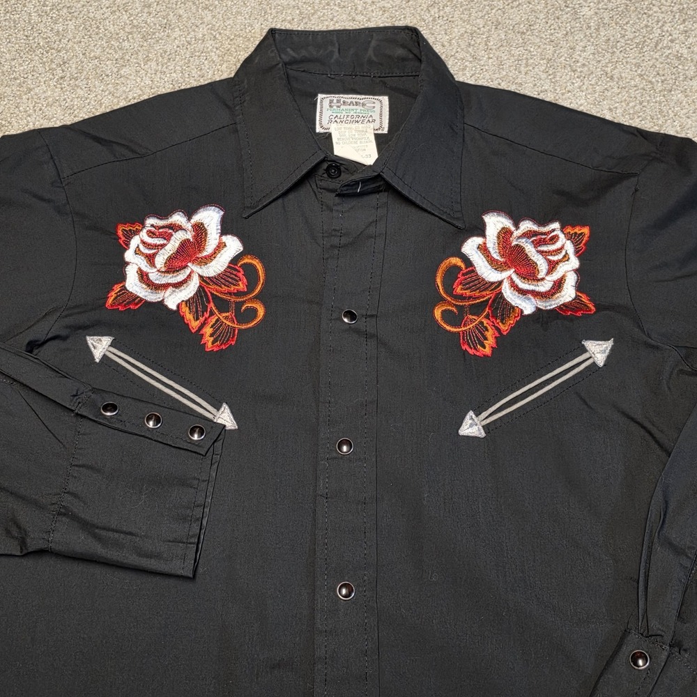 H Bar C California Ranchwear Western Shirt Black Rose Embroidered USA 15.5 33